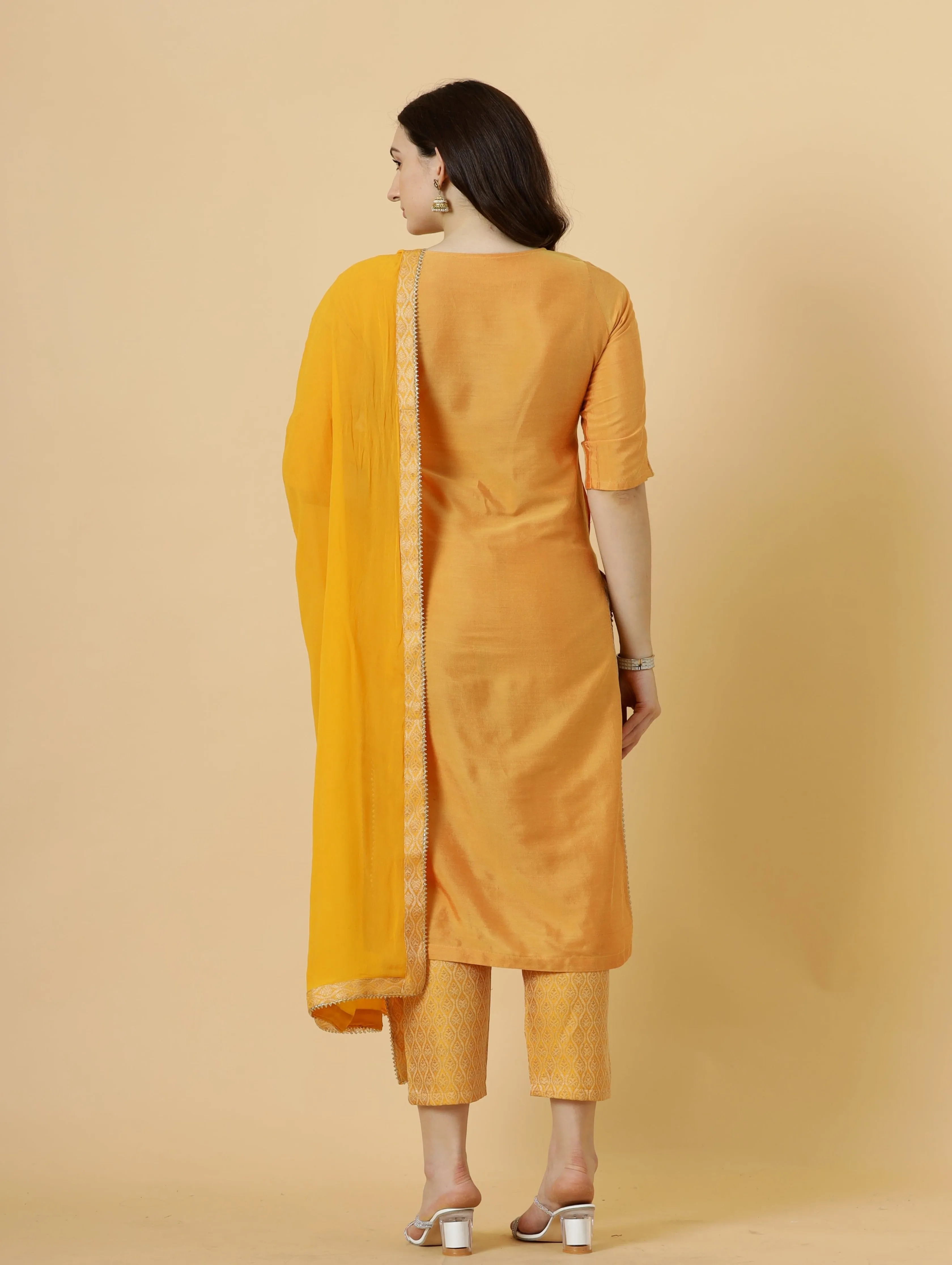 Stunning Amber Silk Straight Kurti with Brocade silk pants