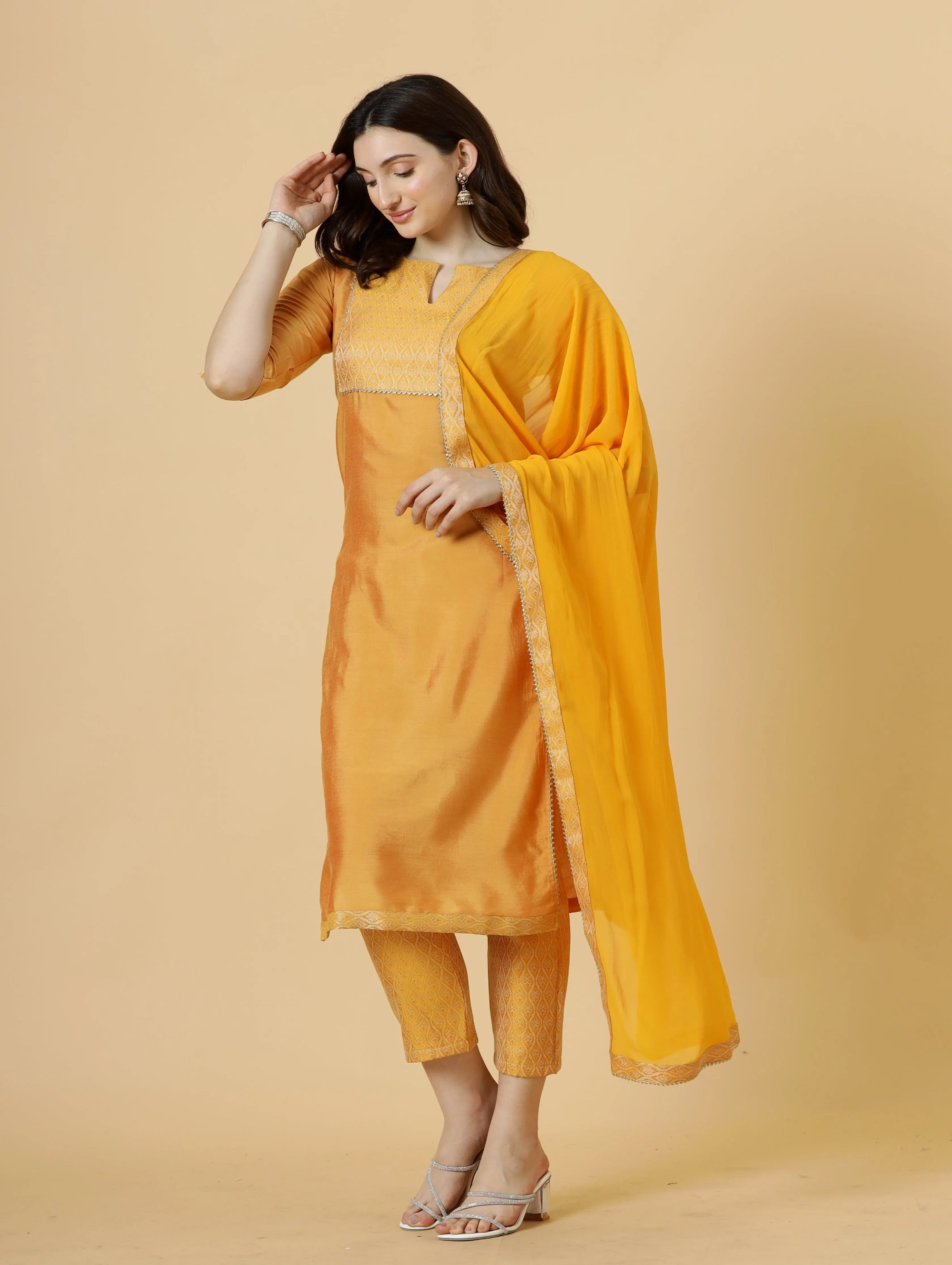 Stunning Amber Silk Straight Kurti with Brocade silk pants