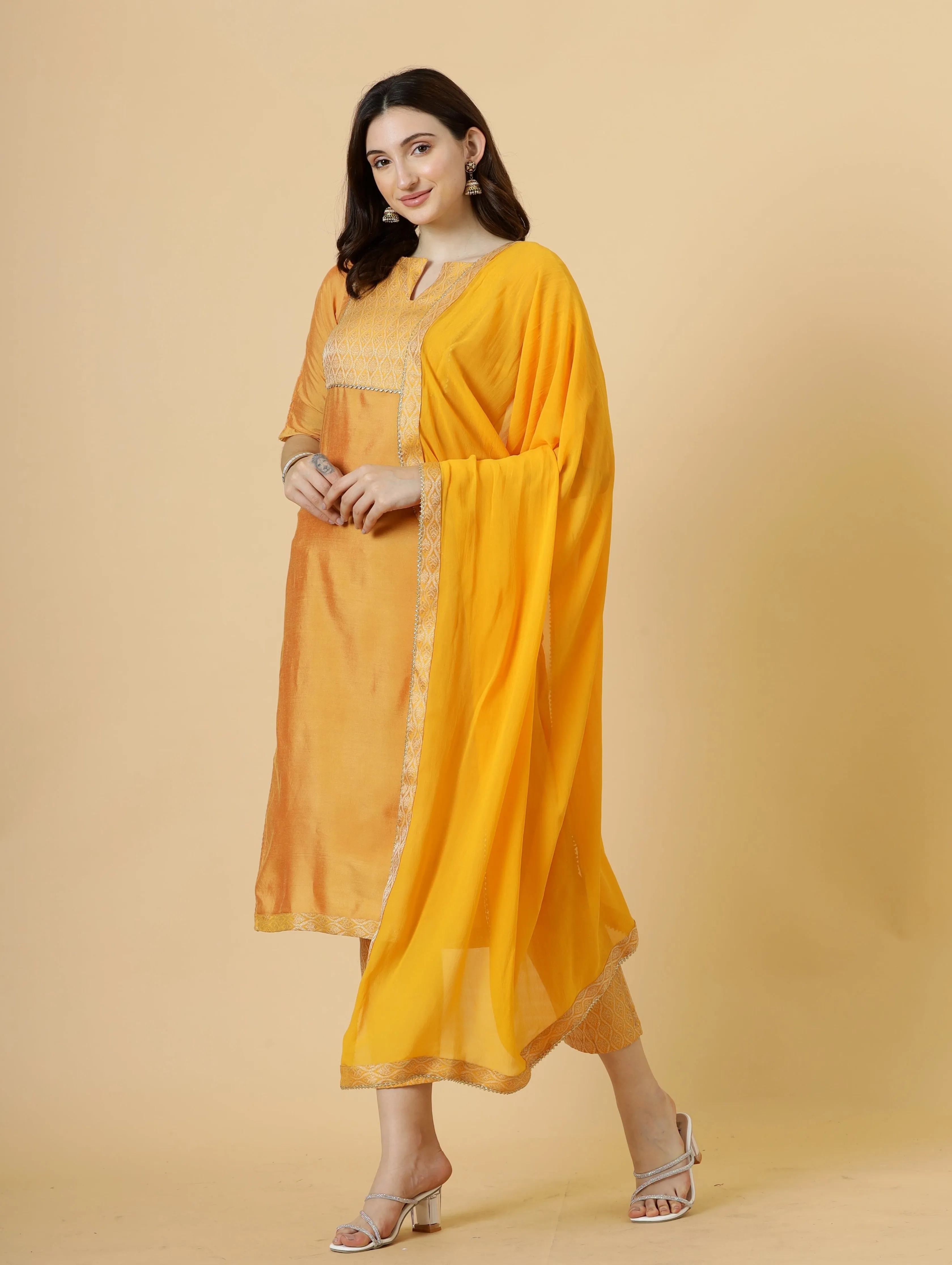 Stunning Amber Silk Straight Kurti with Brocade silk pants