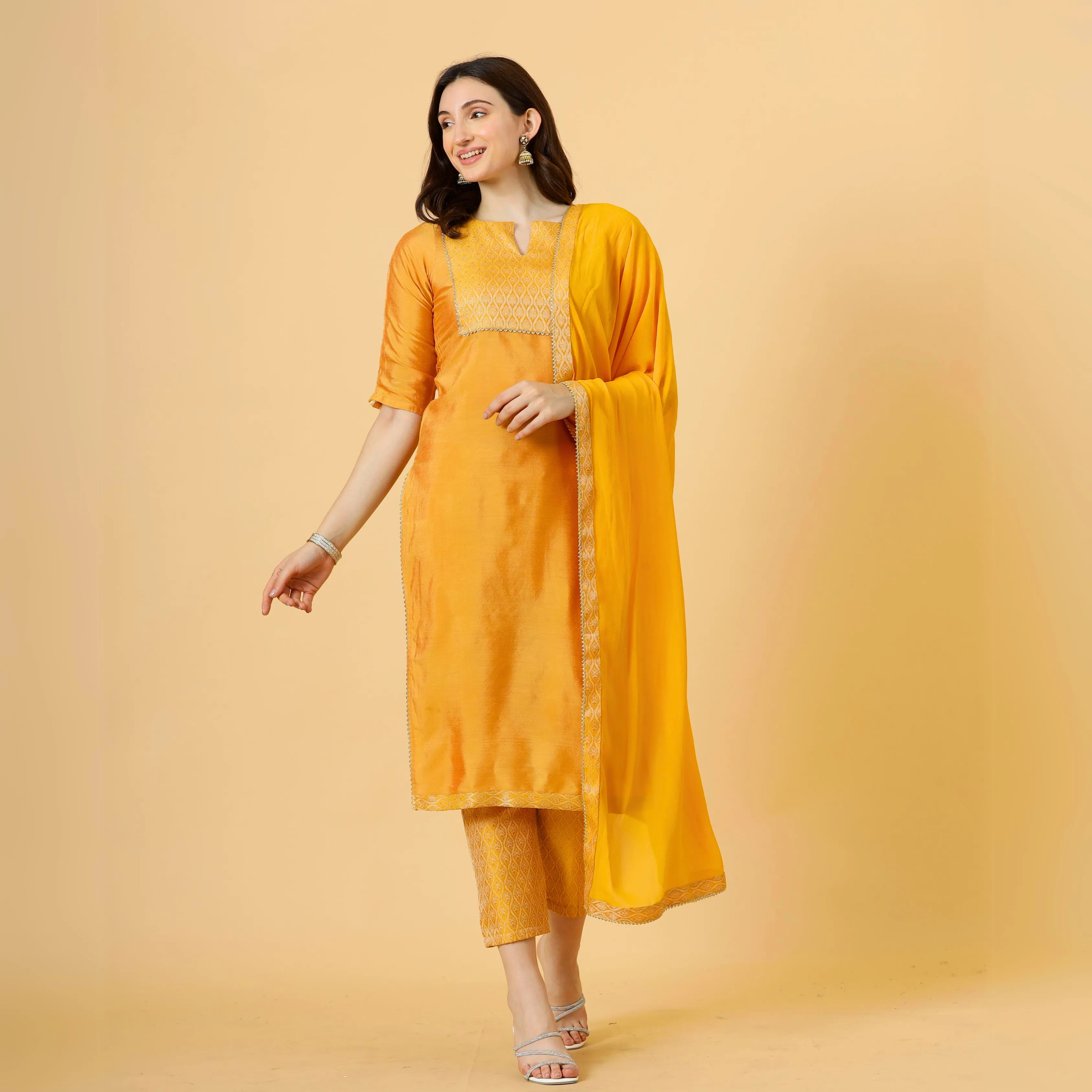 Stunning Amber Silk Straight Kurti with Brocade silk pants