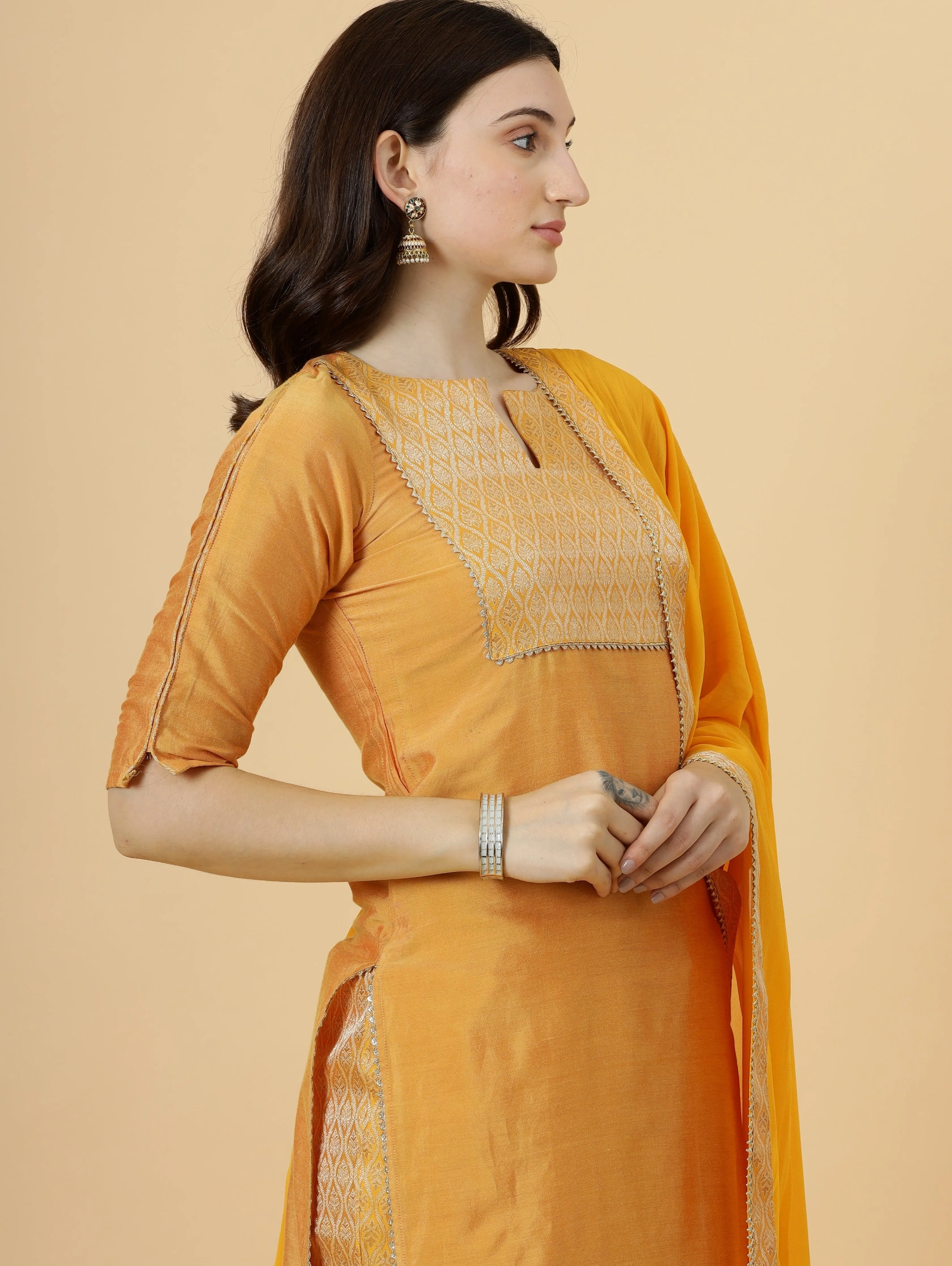 Stunning Amber Silk Straight Kurti with Brocade silk pants