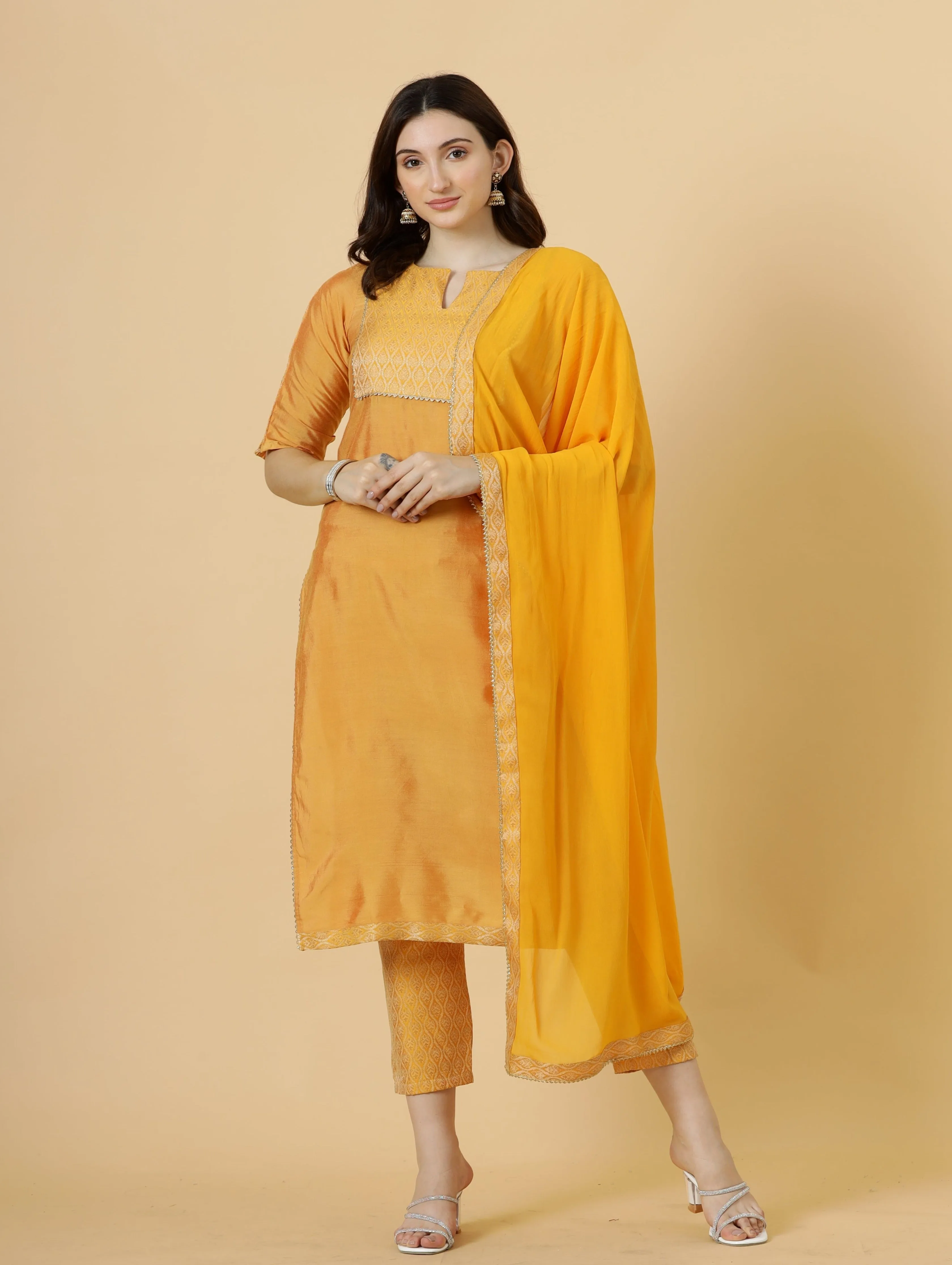 Stunning Amber Silk Straight Kurti with Brocade silk pants