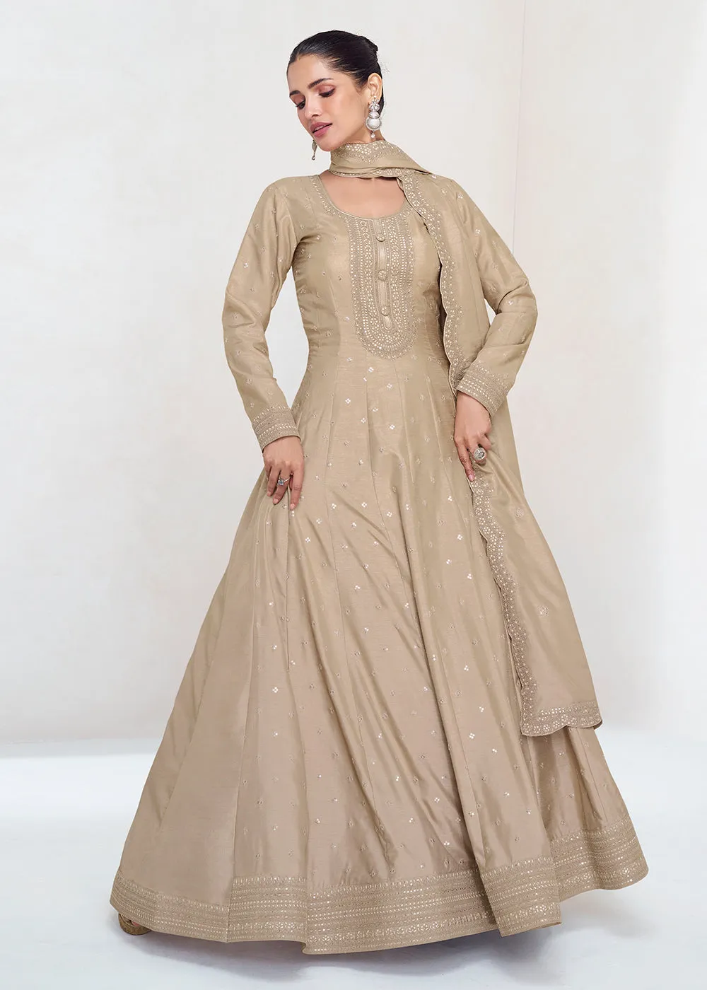 Stunning Beige Silk Embroidered Wedding Anarkali Gown