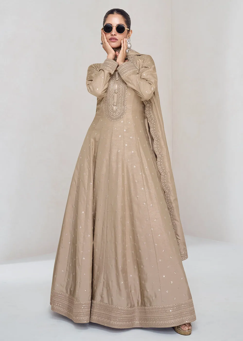 Stunning Beige Silk Embroidered Wedding Anarkali Gown