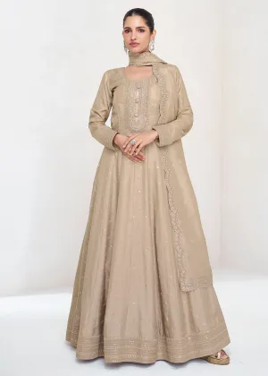 Stunning Beige Silk Embroidered Wedding Anarkali Gown