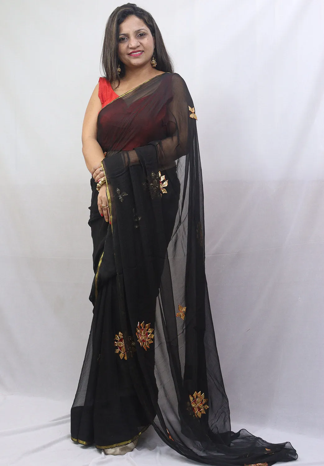 Stunning Black Gota Patti Chiffon Saree for Elegant Occasions