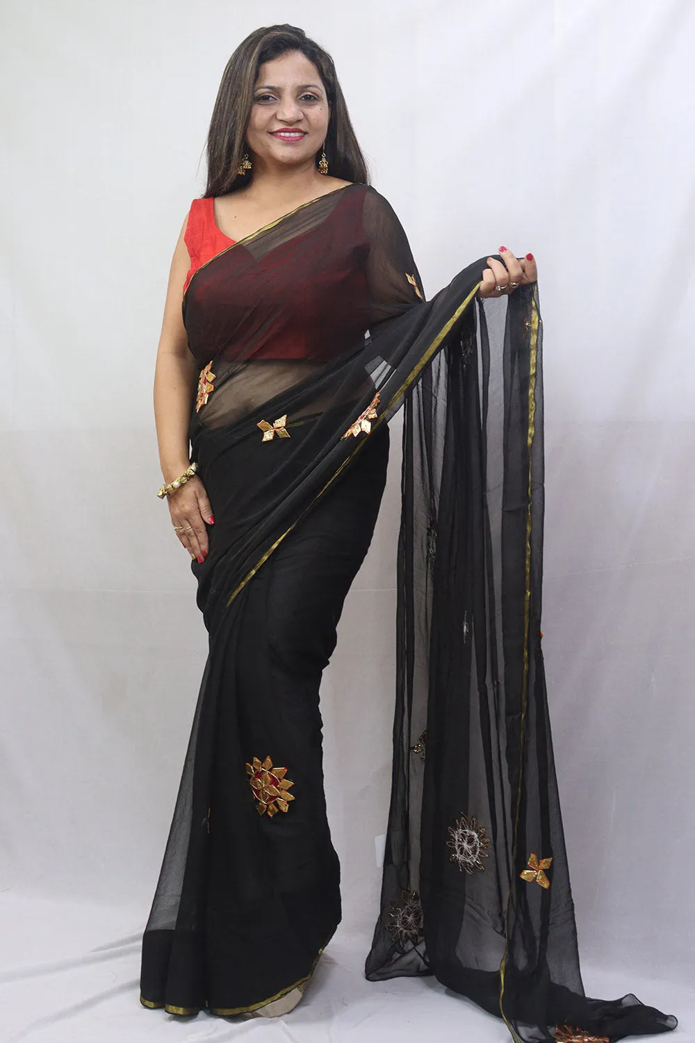 Stunning Black Gota Patti Chiffon Saree for Elegant Occasions