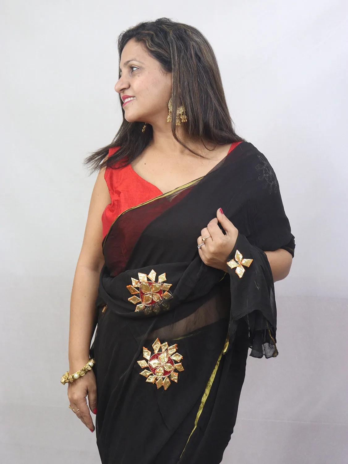 Stunning Black Gota Patti Chiffon Saree for Elegant Occasions