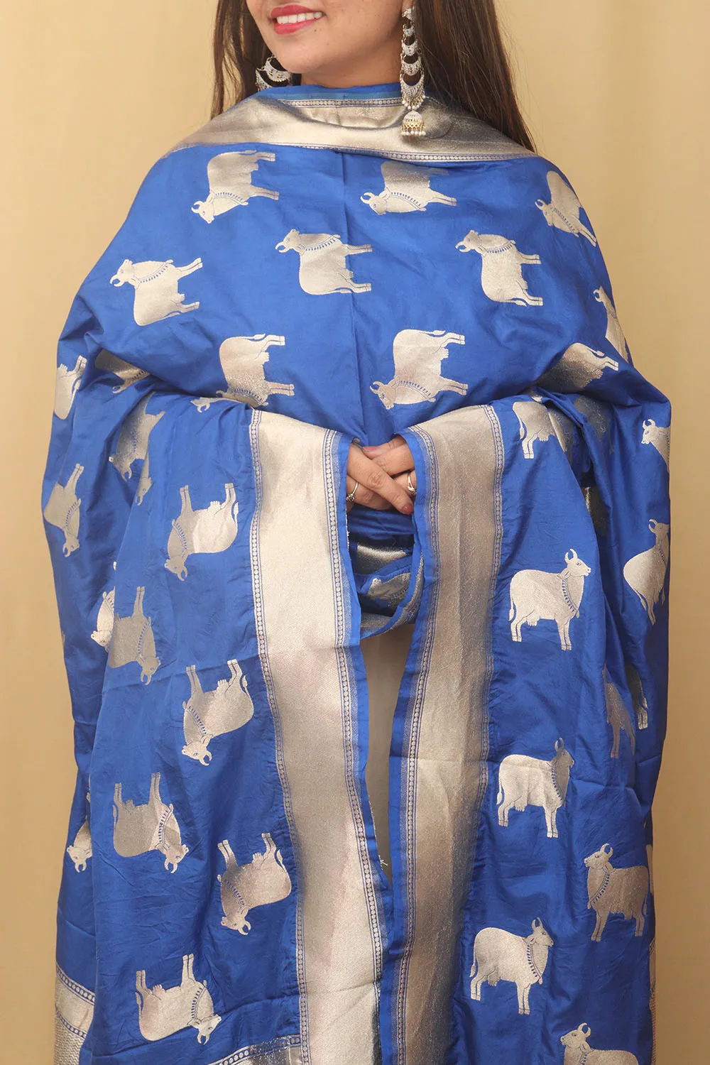 Stunning Blue Banarasi Silk Cow Design Dupatta