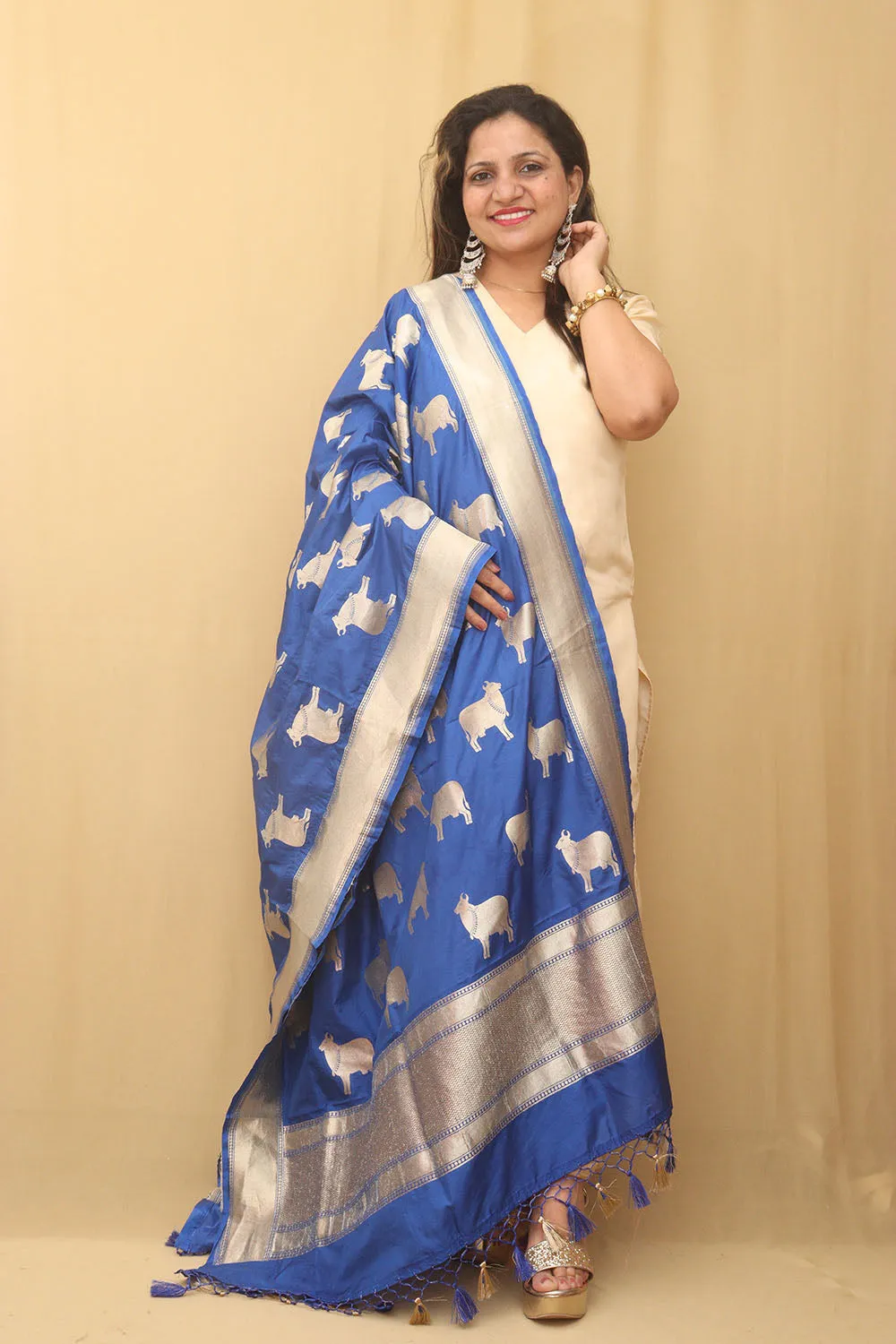 Stunning Blue Banarasi Silk Cow Design Dupatta