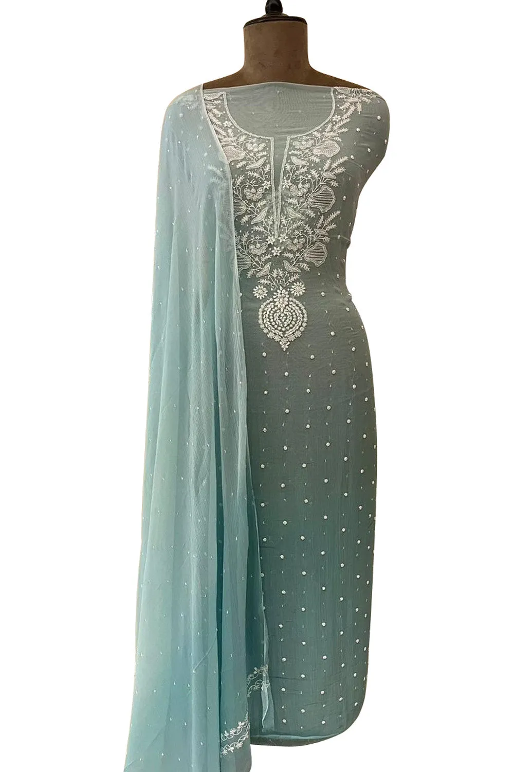 Stunning Blue Chikankari Chiffon Suit: Intricate Sequin & Pearl Embroidery