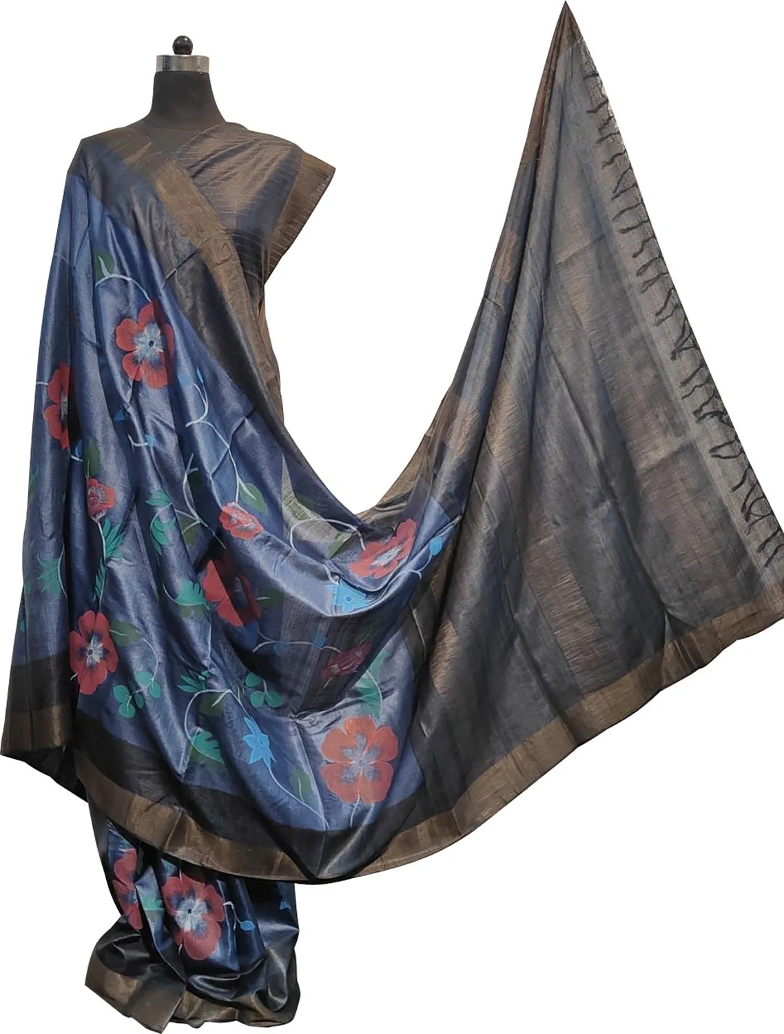 Stunning Blue Kalamkari Tussar Silk Saree - Hand Painted Beauty