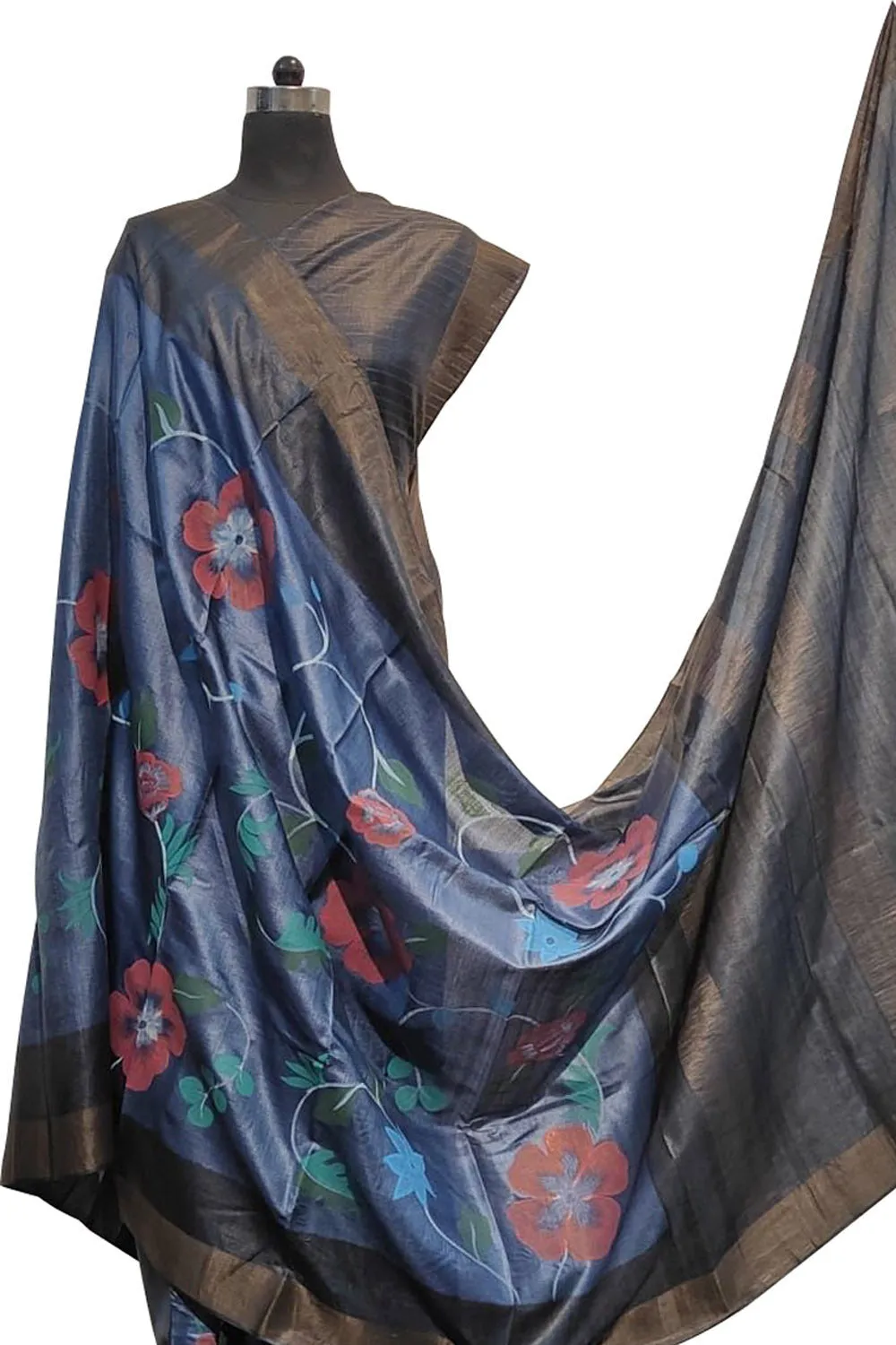 Stunning Blue Kalamkari Tussar Silk Saree - Hand Painted Beauty