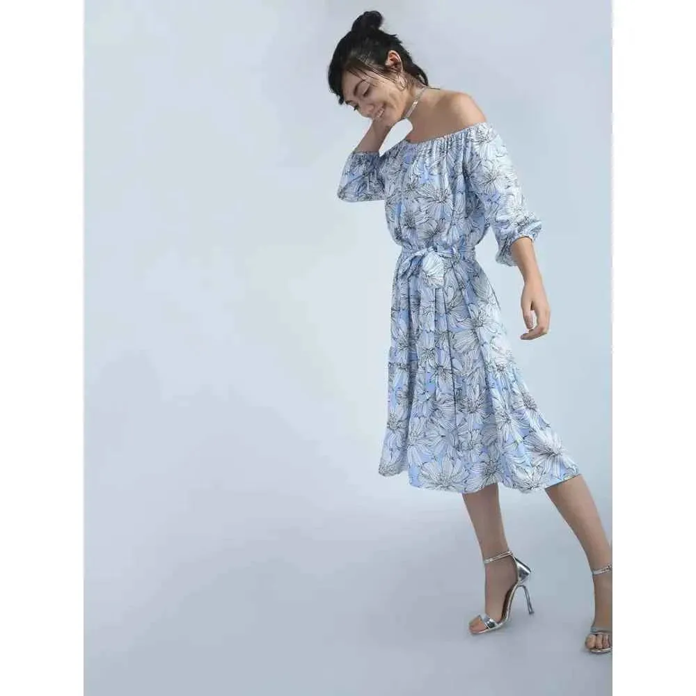 Stunning Blue Viscose Self Design Blouson Dress