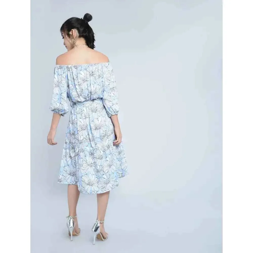 Stunning Blue Viscose Self Design Blouson Dress