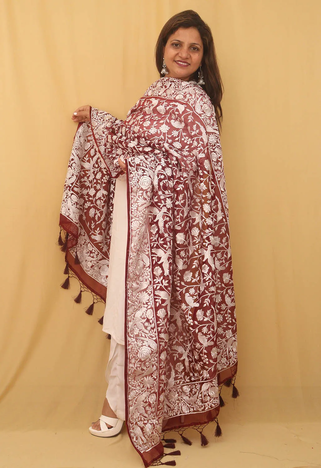 Stunning Brown Embroidered Parsi Organza Silk Dupatta - Versatile & Elegant!