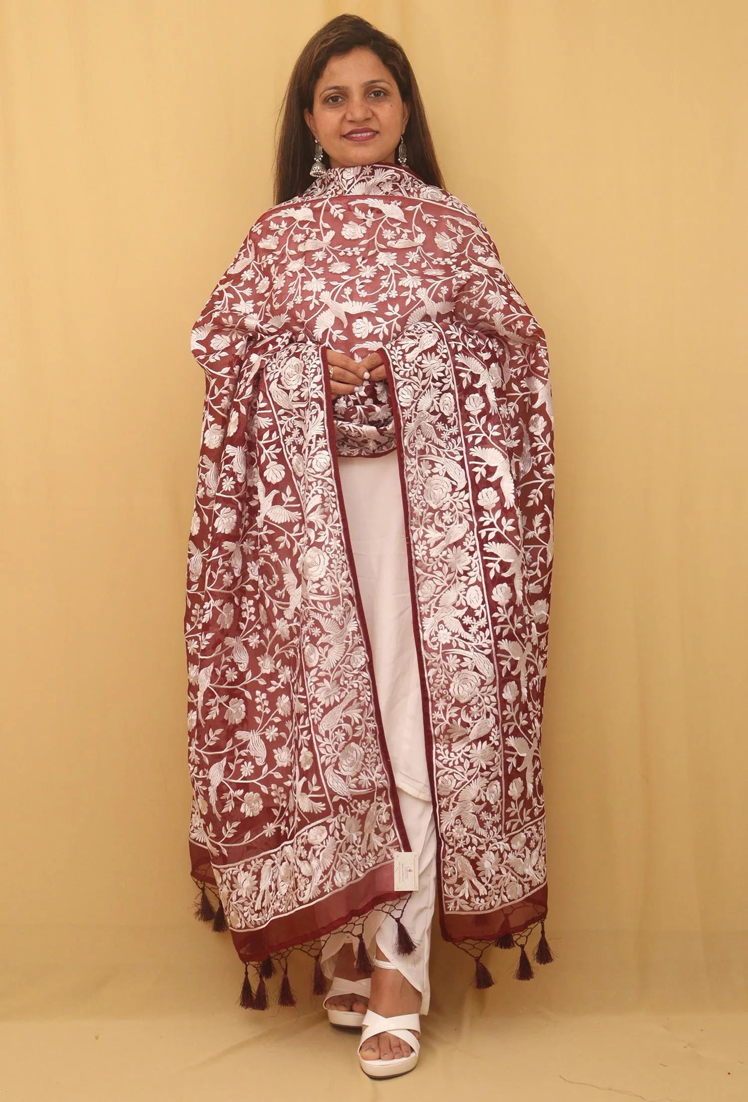 Stunning Brown Embroidered Parsi Organza Silk Dupatta - Versatile & Elegant!