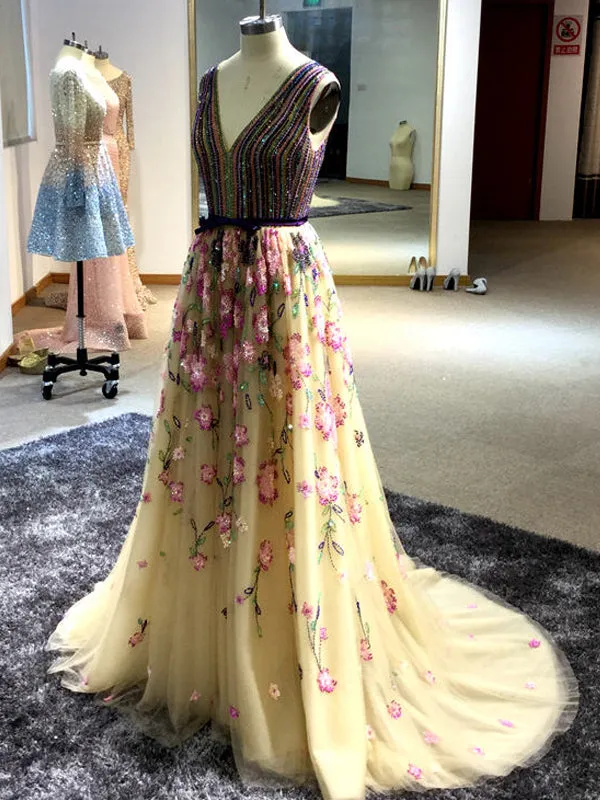 Stunning Colorful Beading Floral Tulle Sleeveless Prom Dresses.PD00286