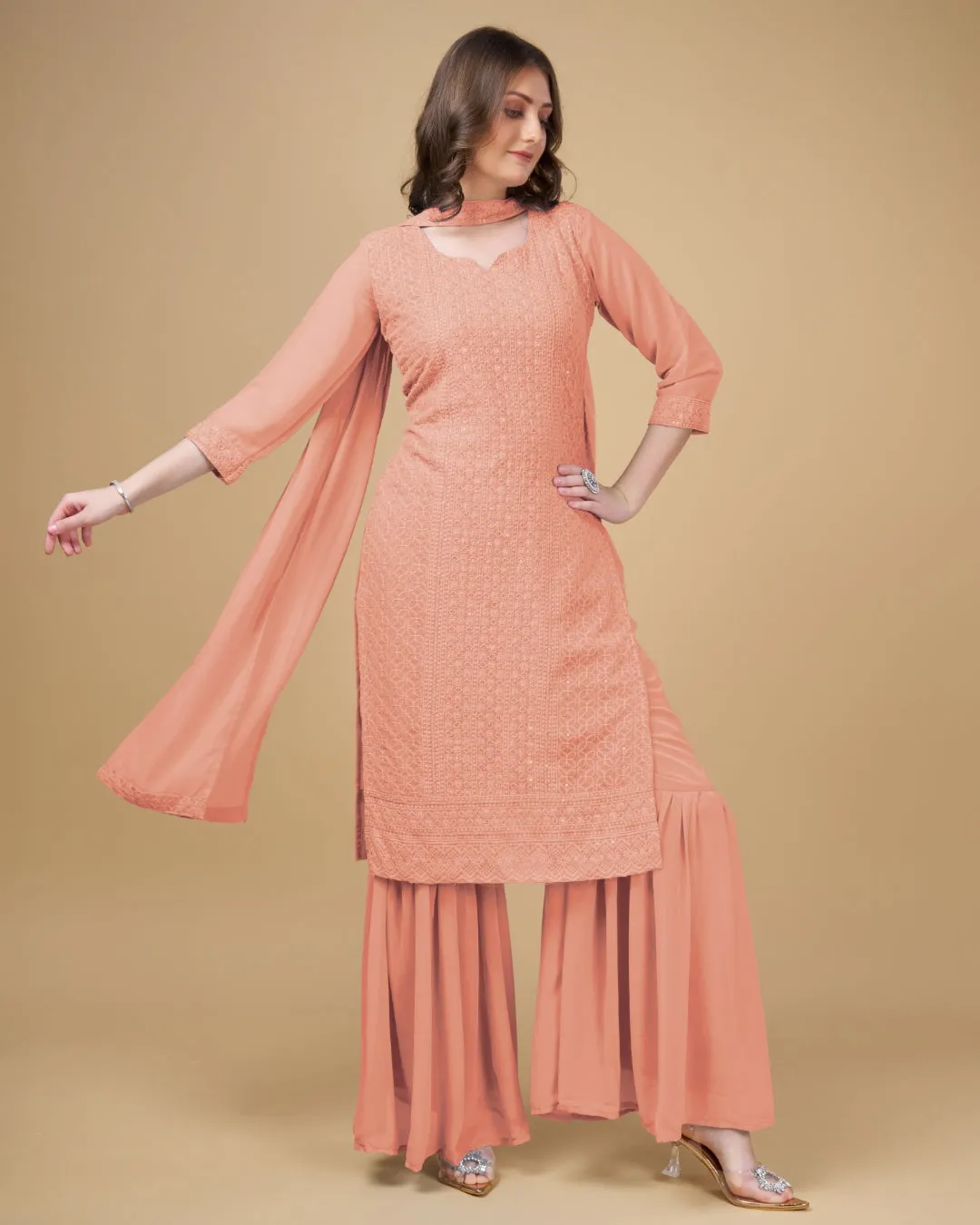 Stunning Faux Georgette Sharara Kurti Dupatta Set - Embroidered Elegance