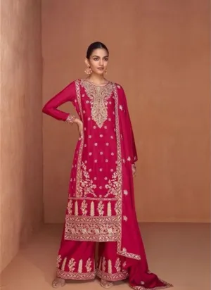 Stunning Heavy Embroidered Chinon palazzo suit in Dark Pink