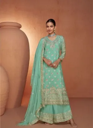 Stunning Heavy Embroidered Chinon palazzo suit in Sea Green