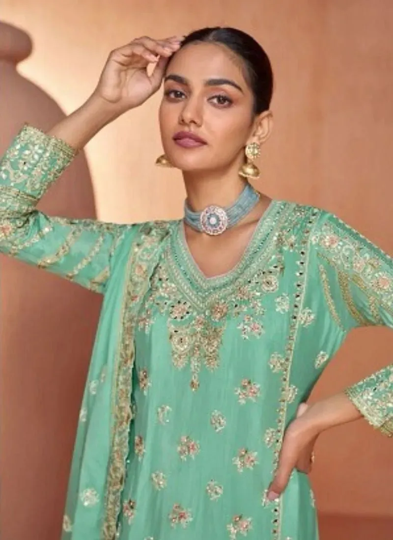 Stunning Heavy Embroidered Chinon palazzo suit in Sea Green