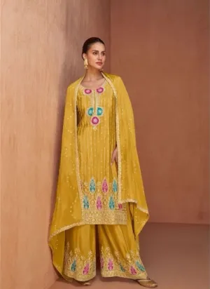 Stunning Heavy Embroidered Chinon palazzo suit in Yellow