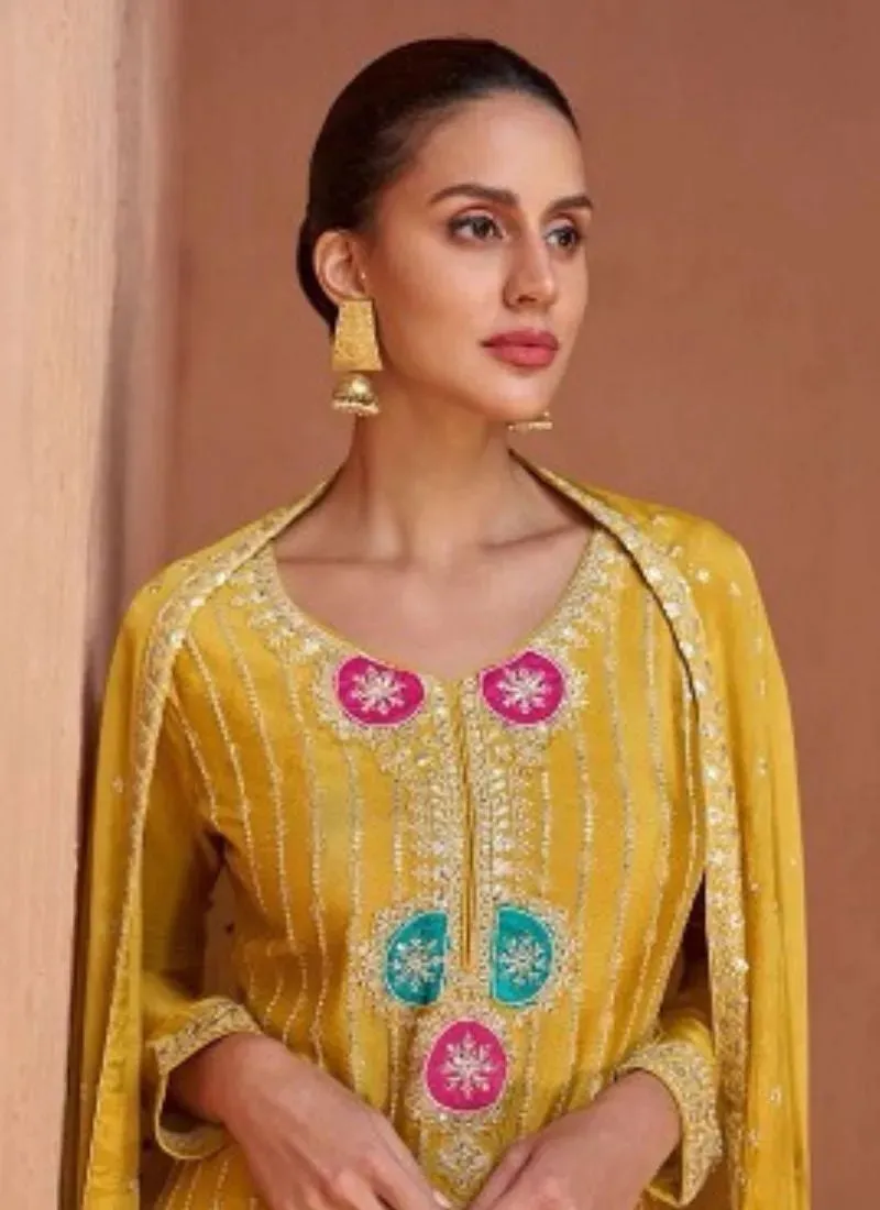 Stunning Heavy Embroidered Chinon palazzo suit in Yellow