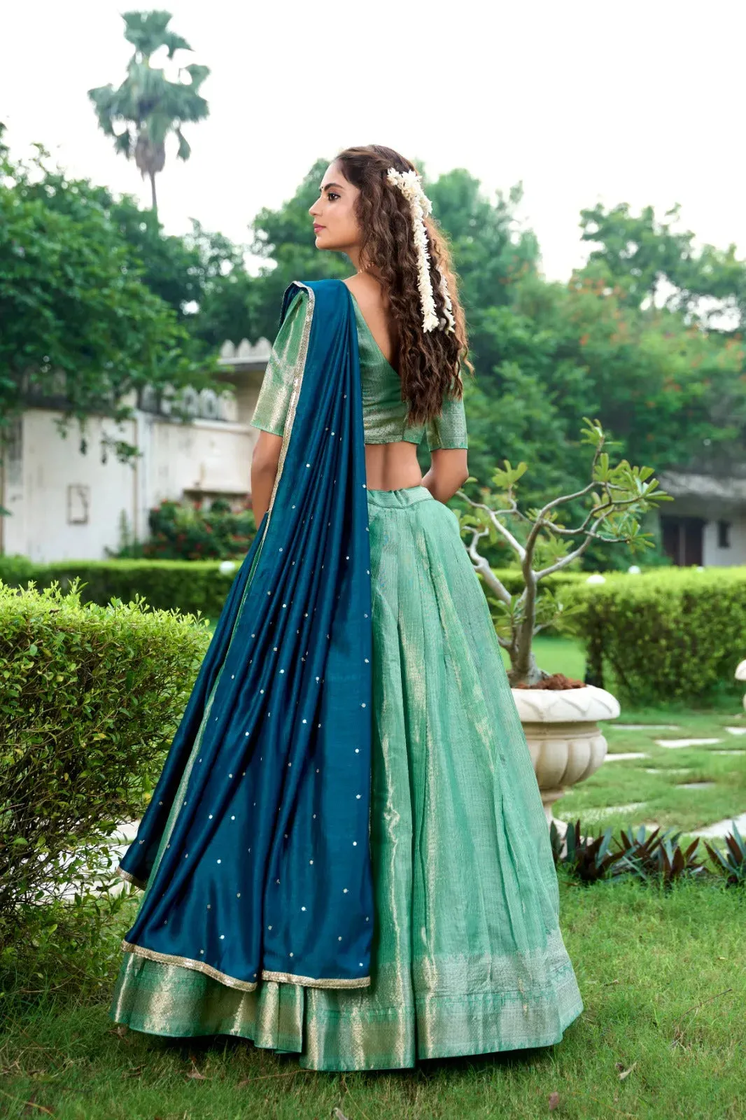 Stunning  Kanchipuram Zari Weaved Pista Lehenga Choli Set