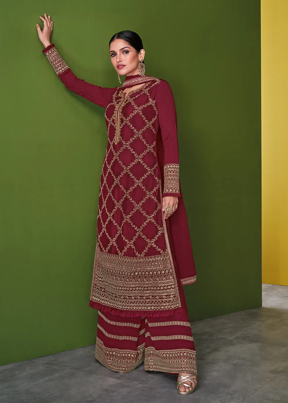 Stunning Maroon Beautifully Embroidered Festive Palazzo Suit