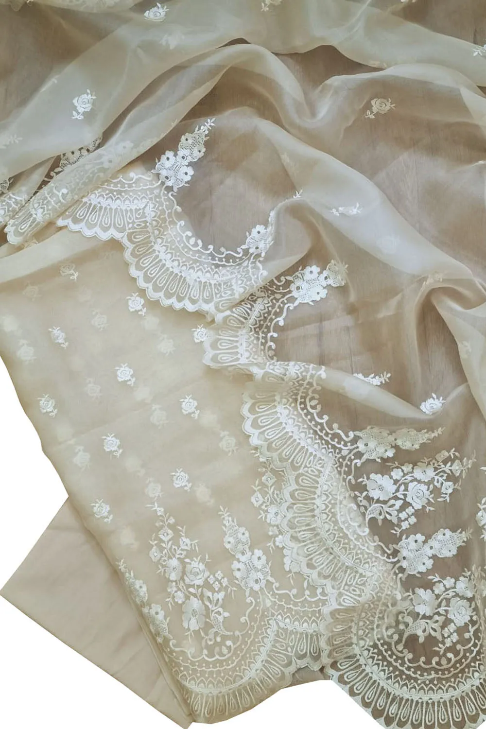 Stunning Off White Banarasi Embroidered Organza Suit Set - Unstitched