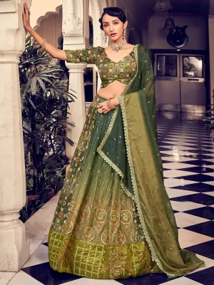 Stunning Olive Green Silk Semi Stitched Lehenga Choli Set