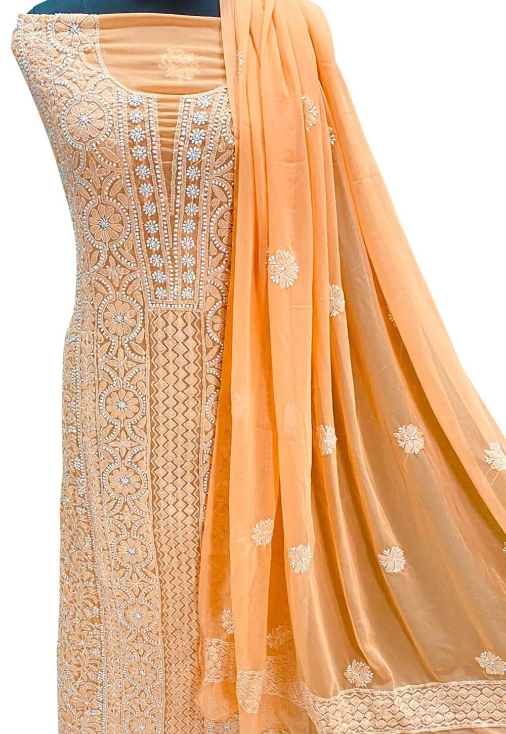 Stunning Orange Hand Chikankari Georgette Suit Set - Unstitched