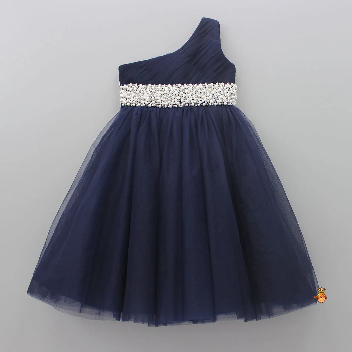 Stunning Pearls And White Stones Embellished Navy Blue Gown