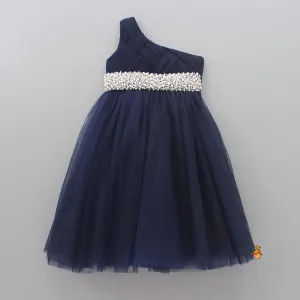 Stunning Pearls And White Stones Embellished Navy Blue Gown