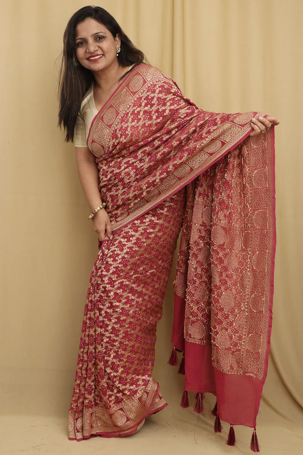 Stunning Pink Banarasi Bandhani Georgette Saree