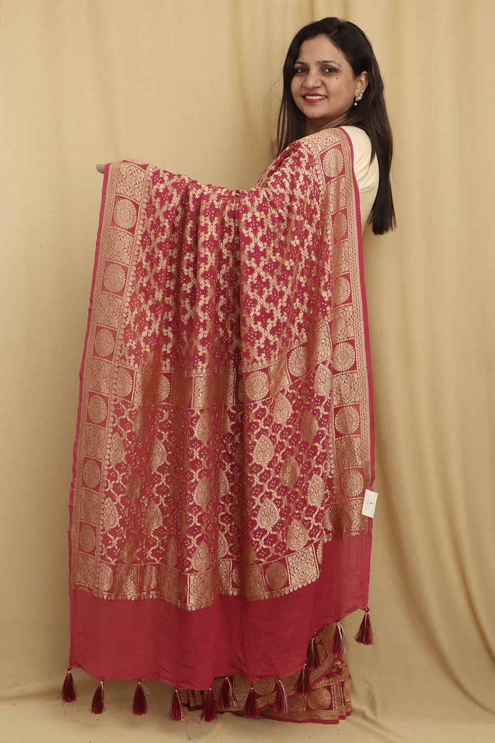 Stunning Pink Banarasi Bandhani Georgette Saree