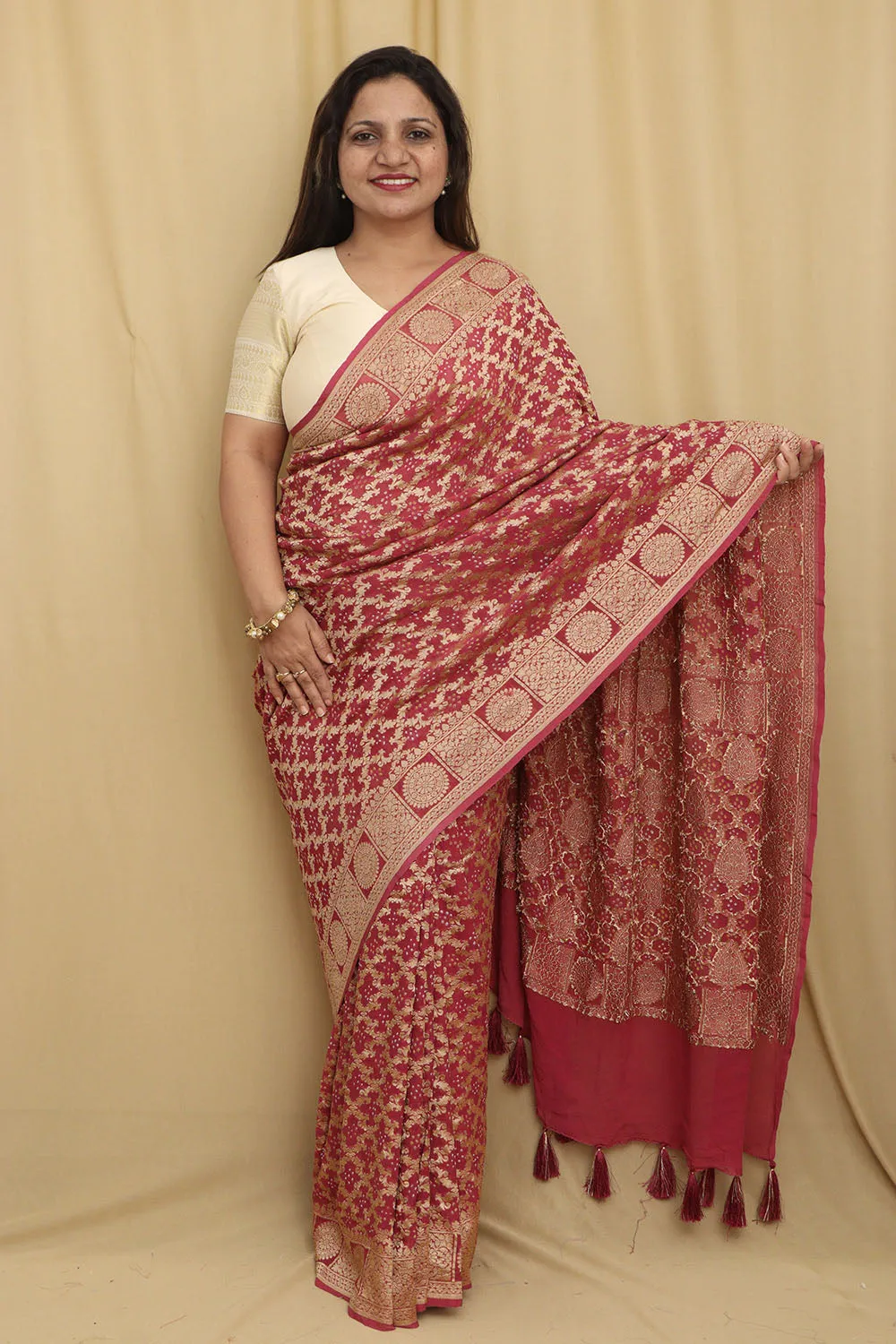 Stunning Pink Banarasi Bandhani Georgette Saree