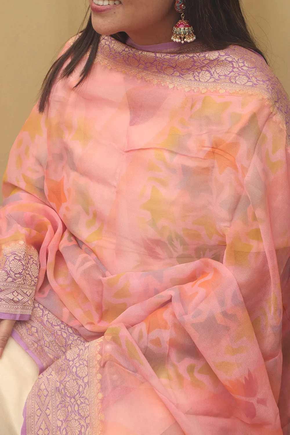 Stunning Pink Banarasi Handloom Pure Georgette Brush Dye Dupatta