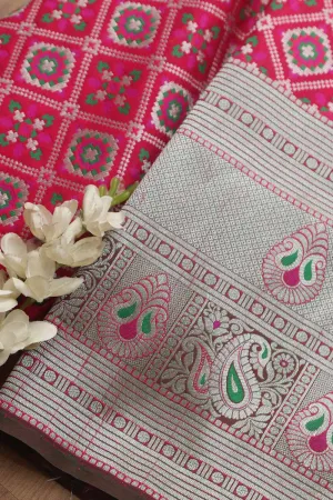 Stunning Pink Banarasi Silk Big Border Fabric ( 1 Mtr )