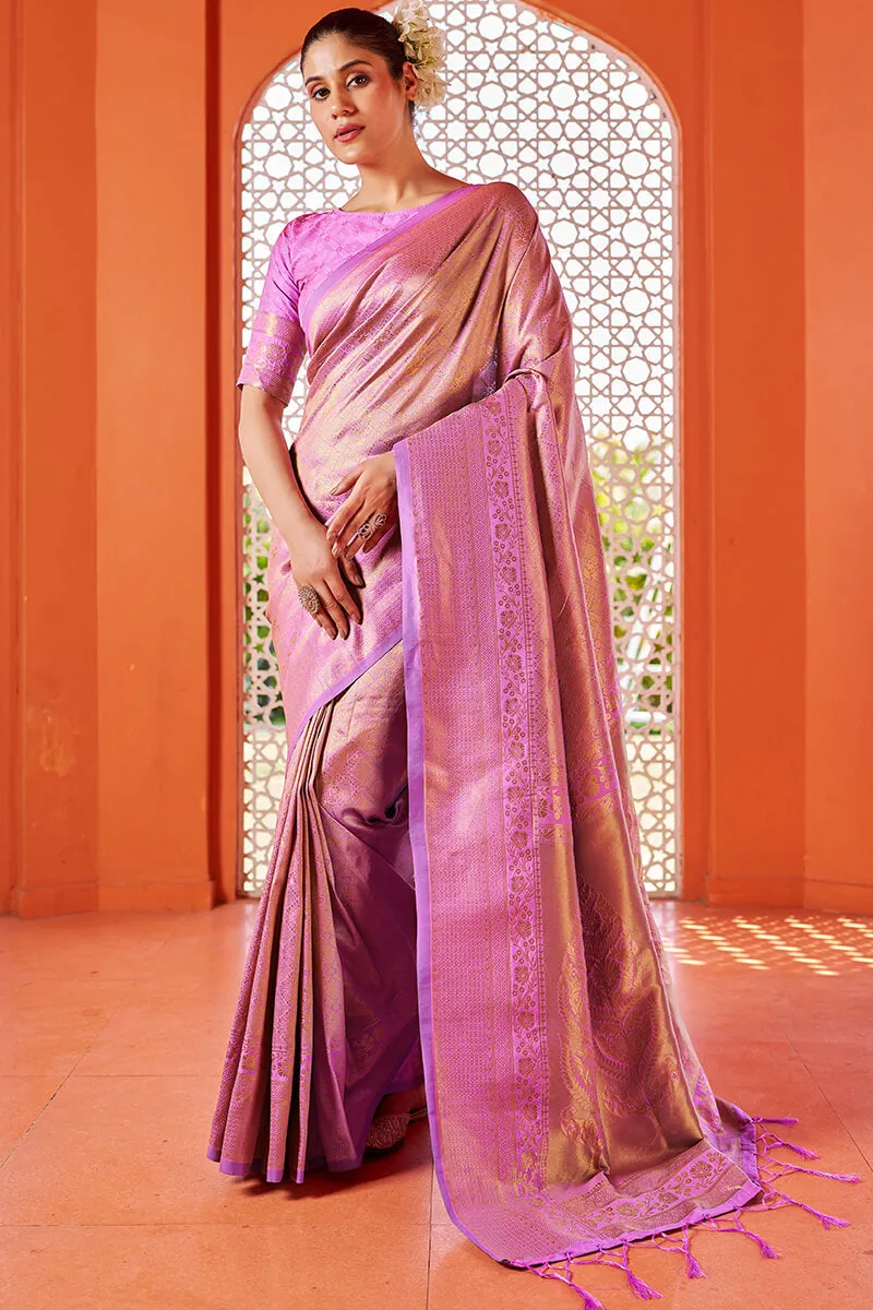 Stunning Pink Kanjivaram Silk Saree With Desirable Blouse Piece