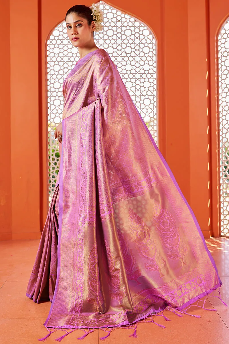 Stunning Pink Kanjivaram Silk Saree With Desirable Blouse Piece