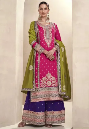 Stunning Pink-Purple Vichitra Silk Embroidered Palazzo Suit