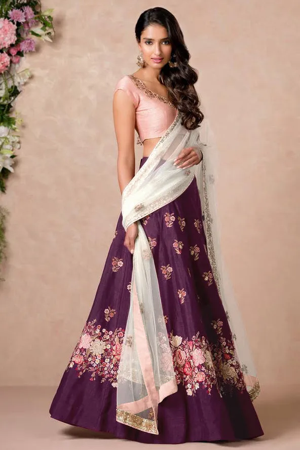 Stunning Purple Colored Floral Embroidered Lehenga Choli