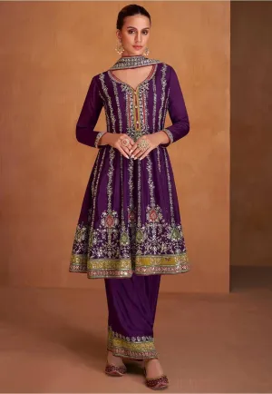 Stunning Purple Embroidered Chinon Salwar Suit Set with Dupatta