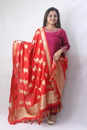 Stunning Red Banarasi Silk Cow Design Dupatta