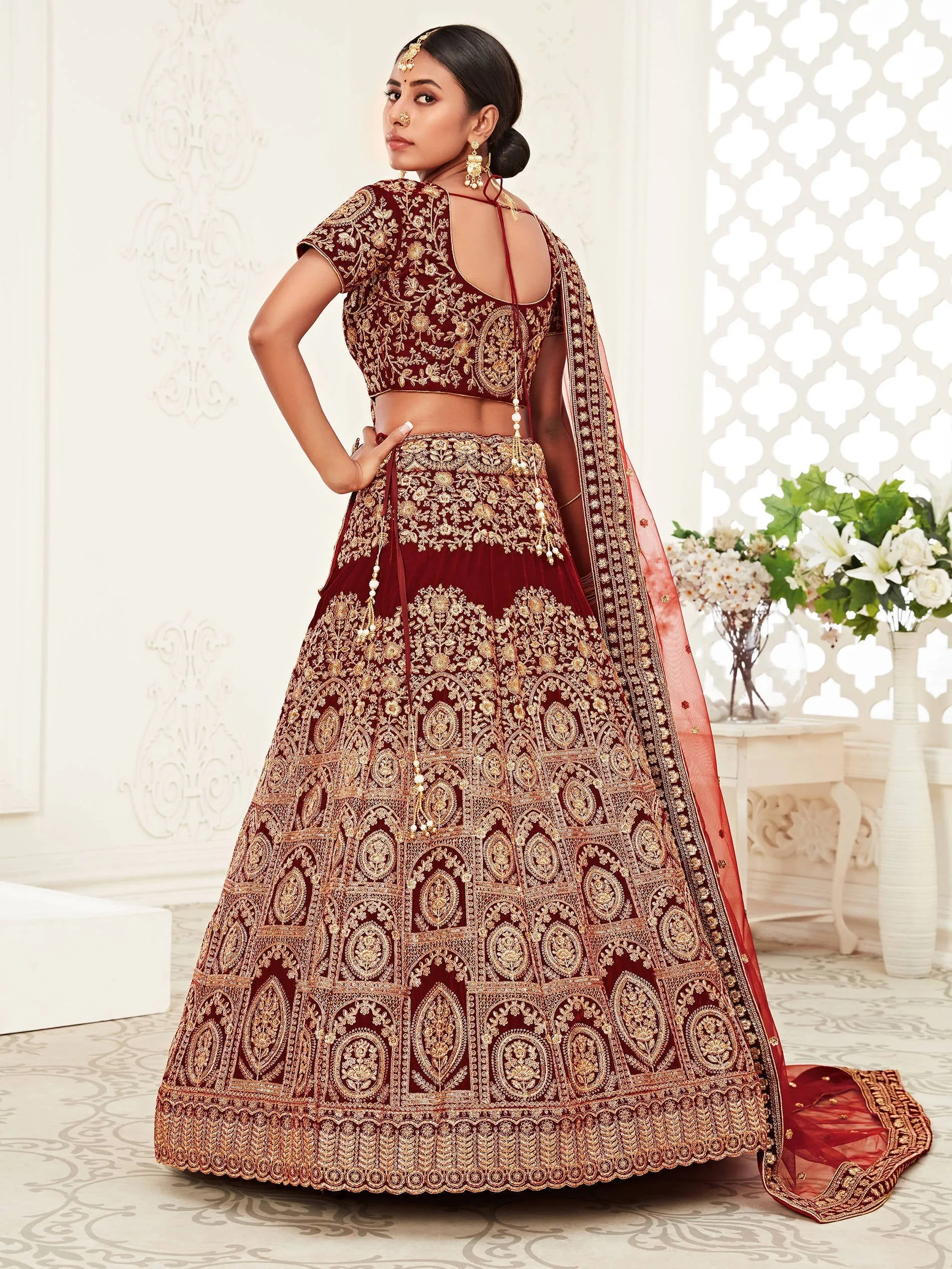 Stunning Red Heavily Sequins Velvet Bridal Lehenga Choli With Dupatta