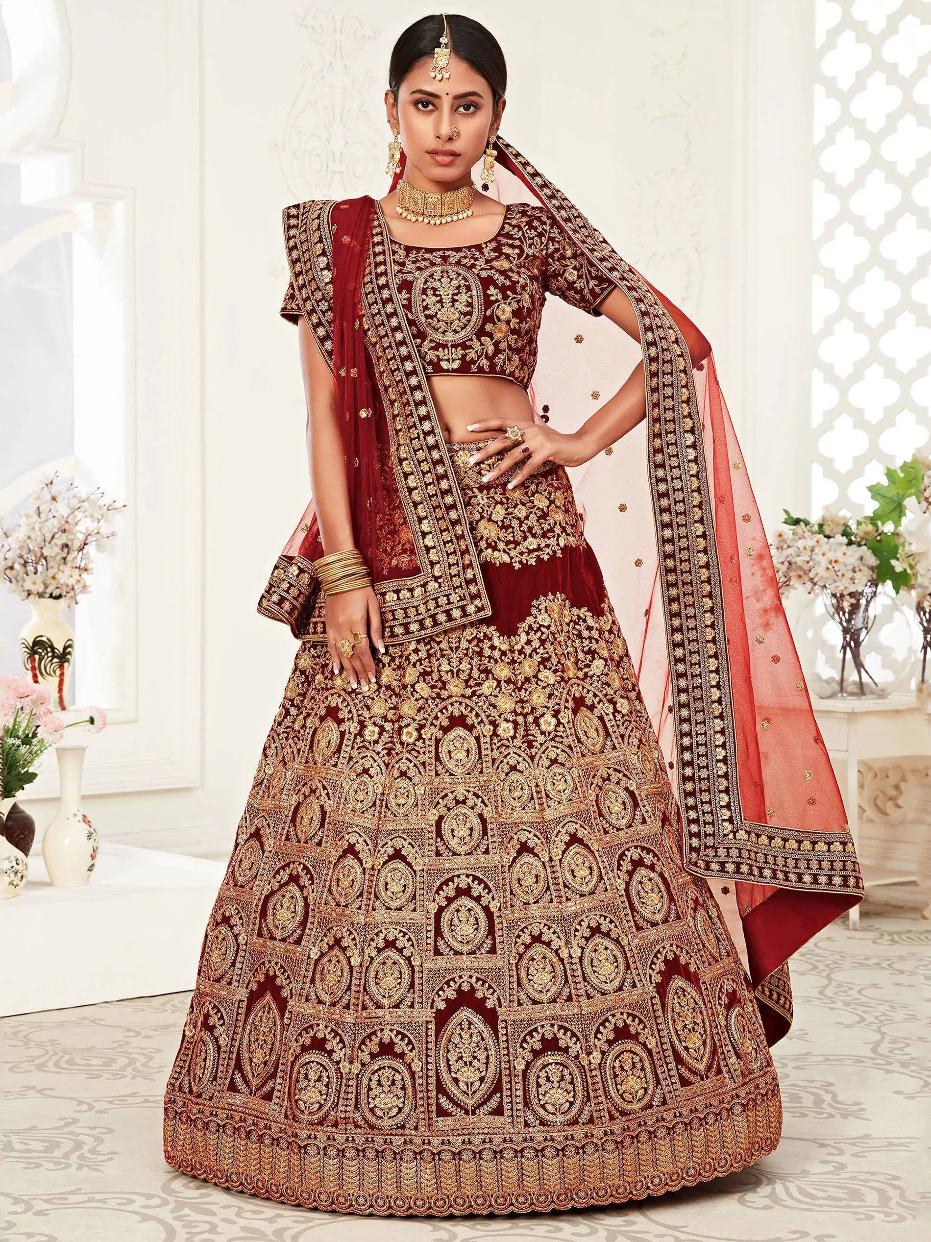 Stunning Red Heavily Sequins Velvet Bridal Lehenga Choli With Dupatta