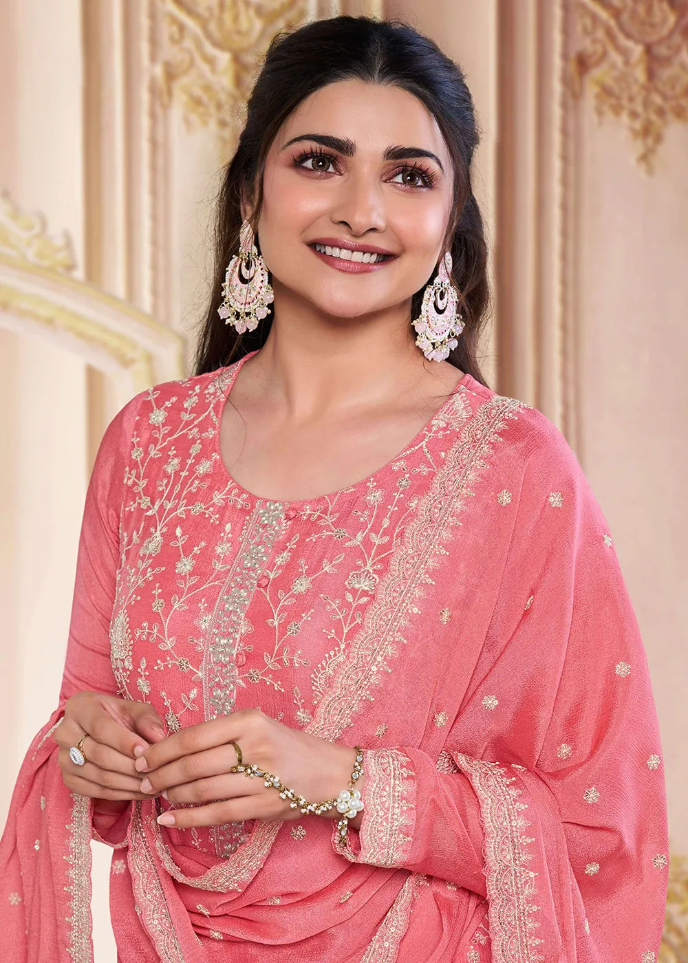 Stunning Salmon Pink Embroidered Festive Salwar Suit