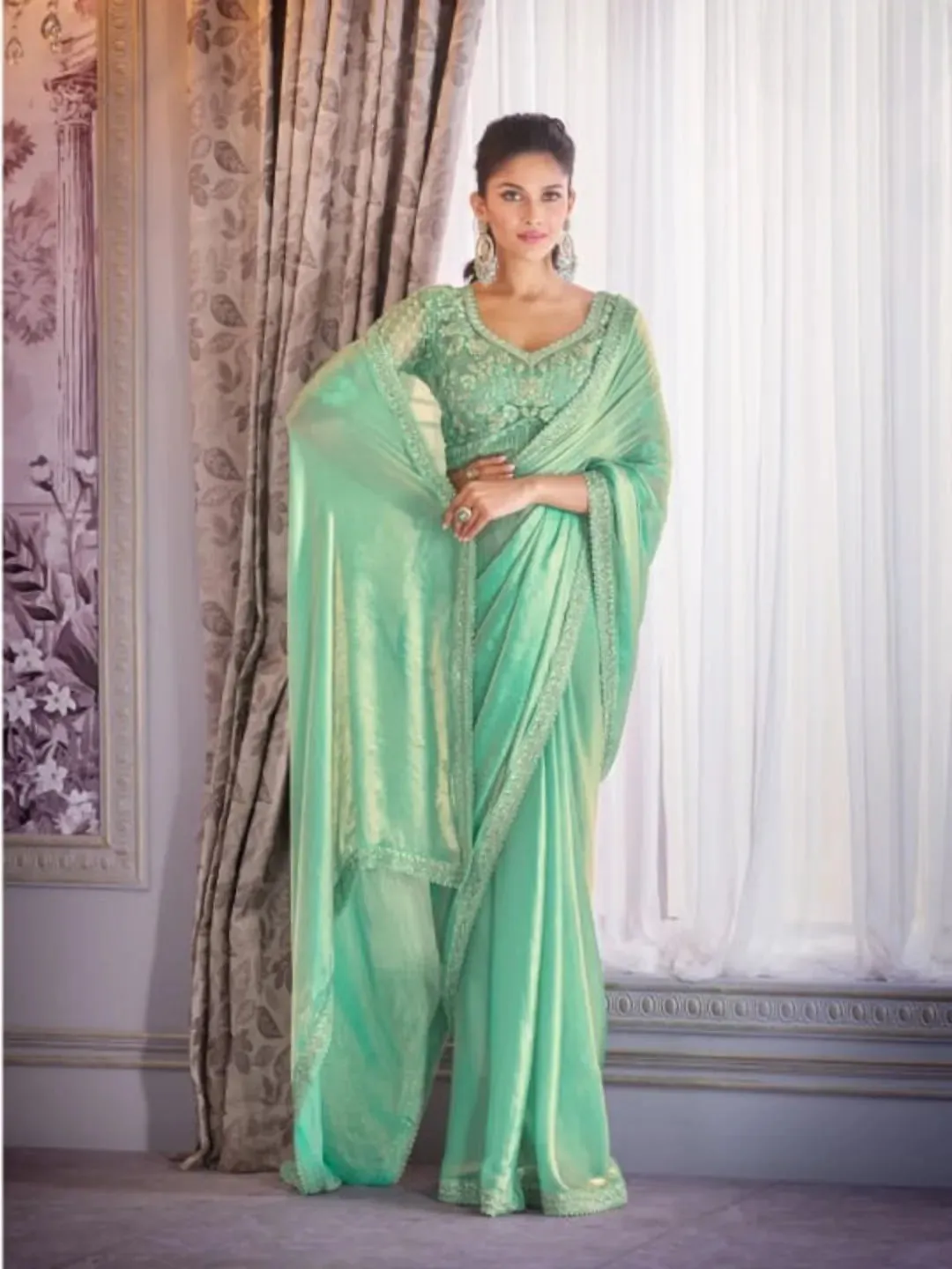 Stunning Shiny Pista Green Satin Organza Embroidered Saree